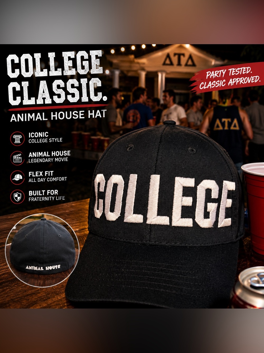 Animal House College Embroidered Black Flex Fit Hat Cap NWT